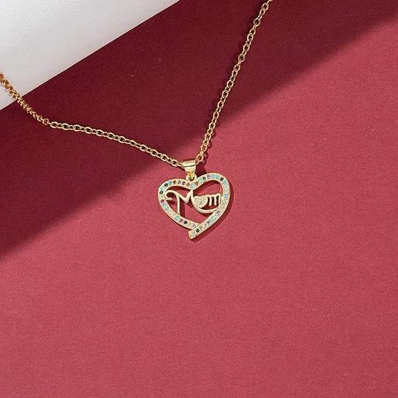 New Dainty Gold Heart Mom Necklace with Cubic Zirconia - Picture 6 of 7